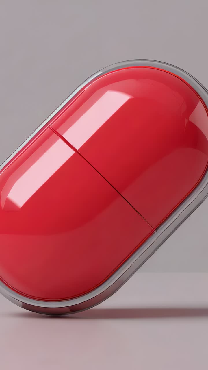 Vertical video: Rolling red glossy capsule clockwise on studio table after nudge, showing seam