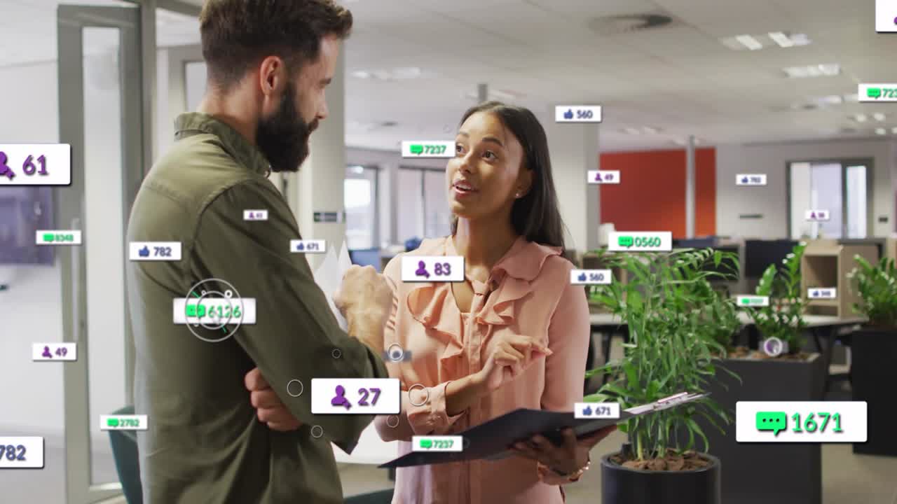 Pair reviewing folder woman pointing live chats and like badges growing around them for marketing