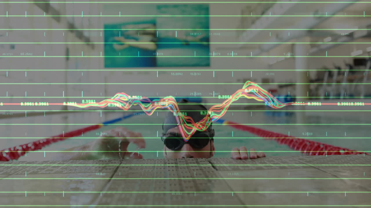 수영 선수가 수영장 가장자리에서 휴식을 취하고 금융 데이터 애니메이션이 장면 위에 있습니다.