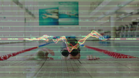 nadador descansando en el borde de la piscina con animación de datos financieros sobre la escena