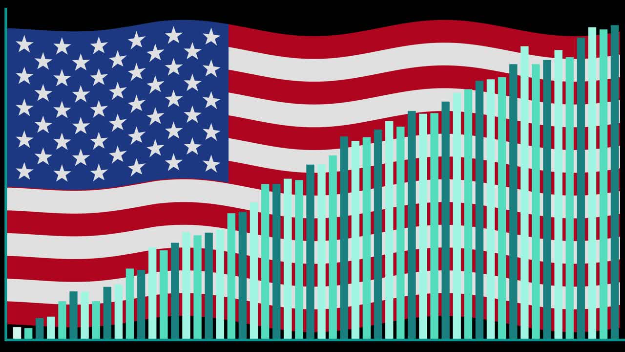 Rising turquoise bar graph animates over waving American flag, clean vector style, black background