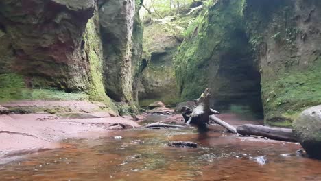 Quiet-scene-of-flowing-water-in-the-Finnich-Glen-aka-Devil's-Pulpit-near-Loch-Lomond,-Scotland