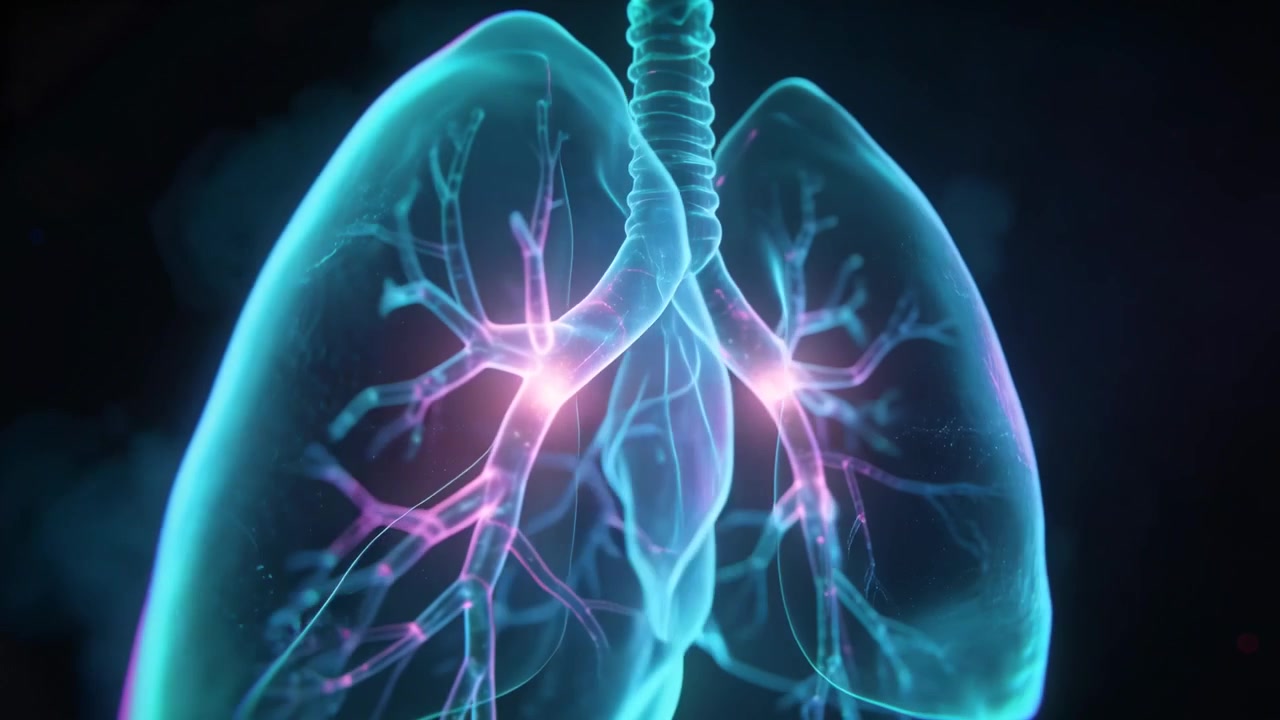 Polmoni ciano ingranditi che pulsano in un rendering clinico per l'apprendimento, mostrando trachea, bronchi e nodi magenta.