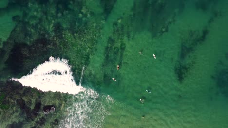 bird's-eye sky drone aerial scenic view of ocean floor with sand and reef surfers waiting central coast nsw australia shelly beach 3840x2160 4k