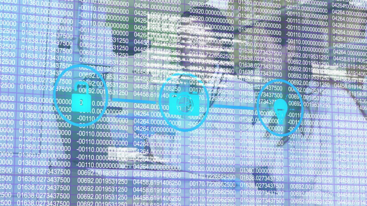 Animation of digital data and binary code overlaying abstract blue network symbols