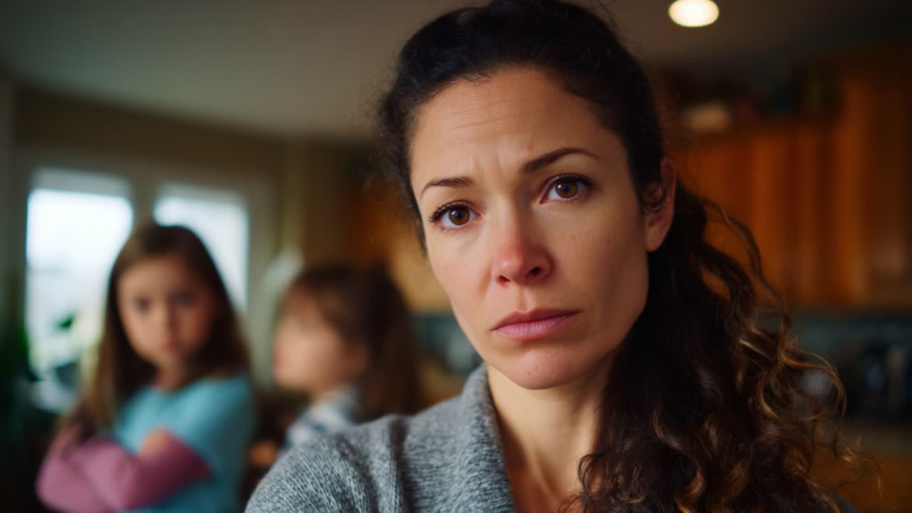 A Concerned Mother Expressing Emotions While Her Children Stand in the Background, Capturing a Moment of Family Tension and Understanding in a Domestic Setting