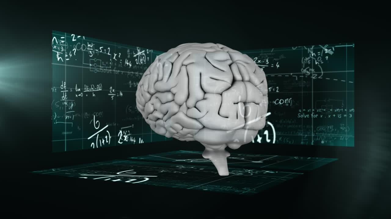 Animation of math equation and 3D brain with chalkboard in background