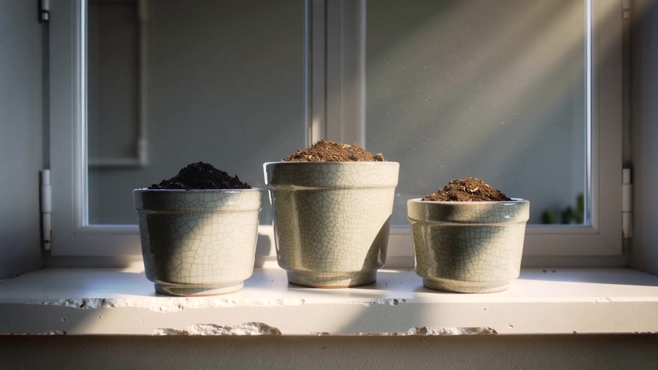 Sunbeam entering from right sweeping three ceramic pots on painted windowsill, revealing dust