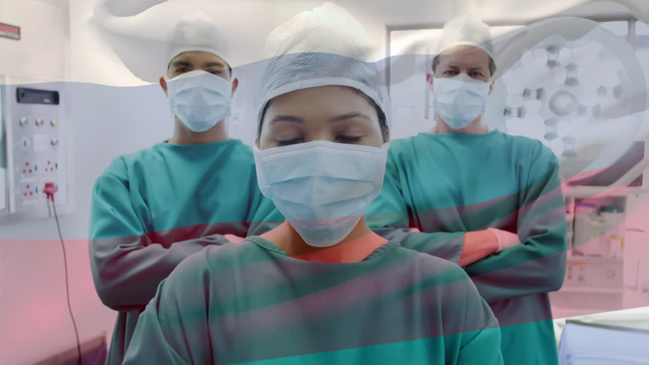 수술실에서 외과 의사 들 위 에 흔들리는 러시아 국기 의 애니메이션