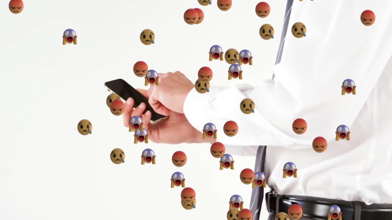 스마트폰을 사용하는 백인 사업가에 대한 이모지 아이콘의 애니메이션