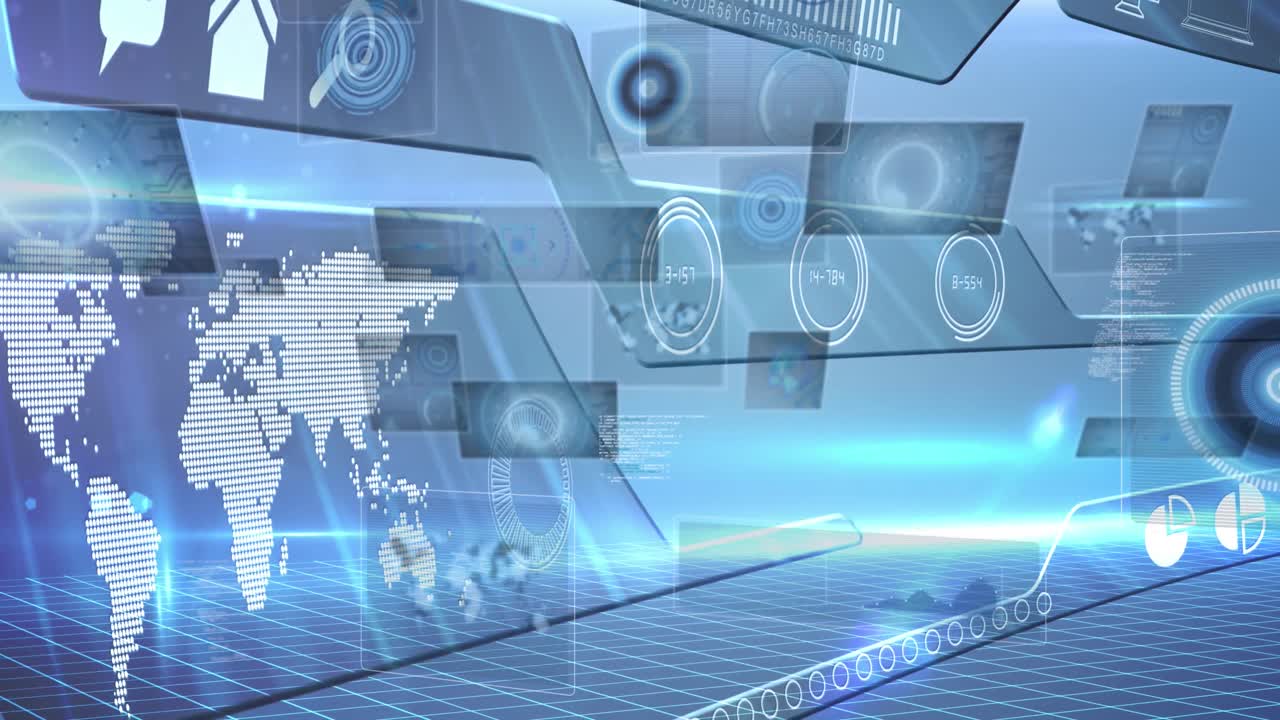 데이터 프로세싱 및 세계 지도를 스캔하는 스의 애니메이션