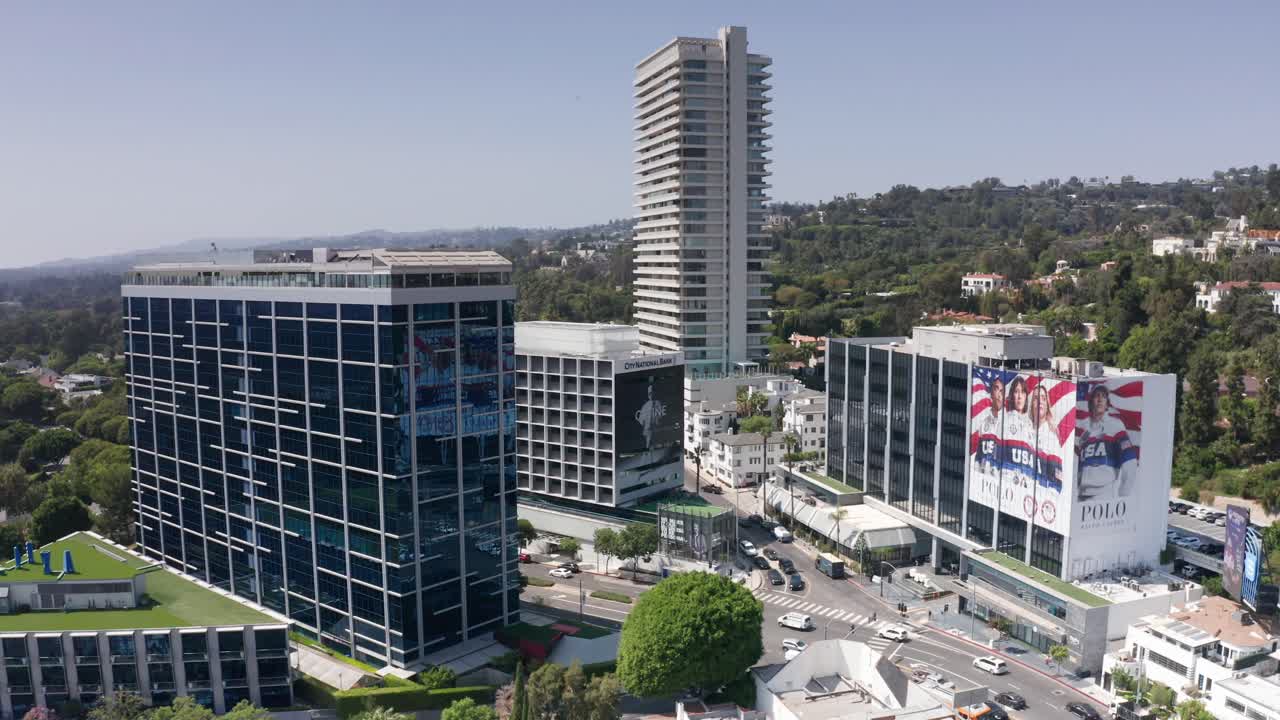 Wide aerial panning shot of the Sunset Strip in West Hollywood, California. 4K