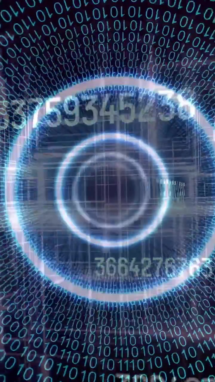 Vertical video: On input pulse, rings and binary tunnel pulsing, rotating, streaming, showing data