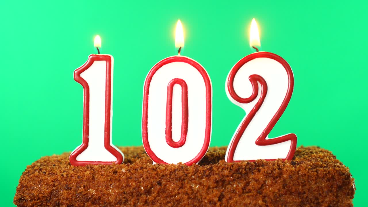 Cake with the number 102 lighted candle. Chroma key. Green Screen. Isolated