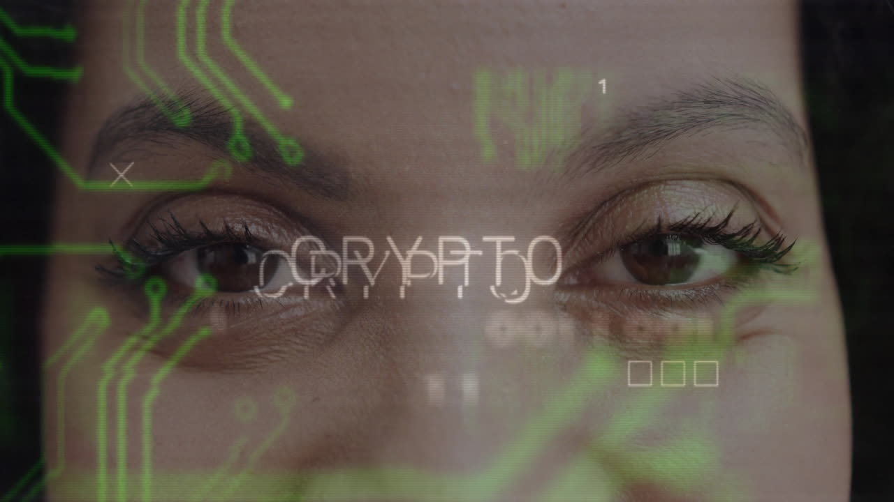 Eyes with circuit board and encryption text animation over them