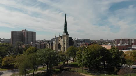 aerial circling shot of a church in chicago, illinois