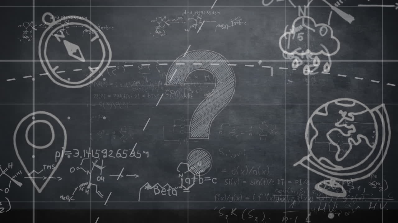 Animation of school icons and mathematical data processing over black background