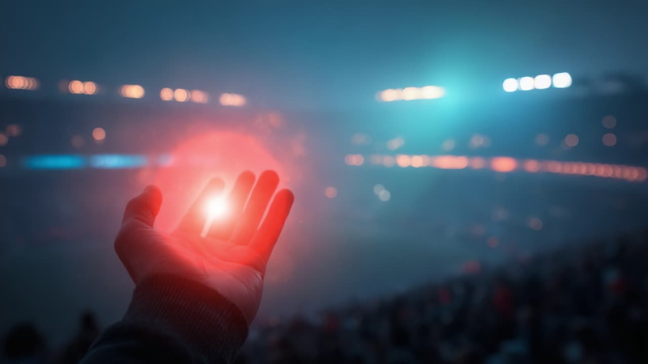 Oplysning af arenaen: Et fængslende glimt af håb og energi med en hånd, der rækker ud i natten, hvilket understreger forbindelse og muligheder i et sportsmiljø.