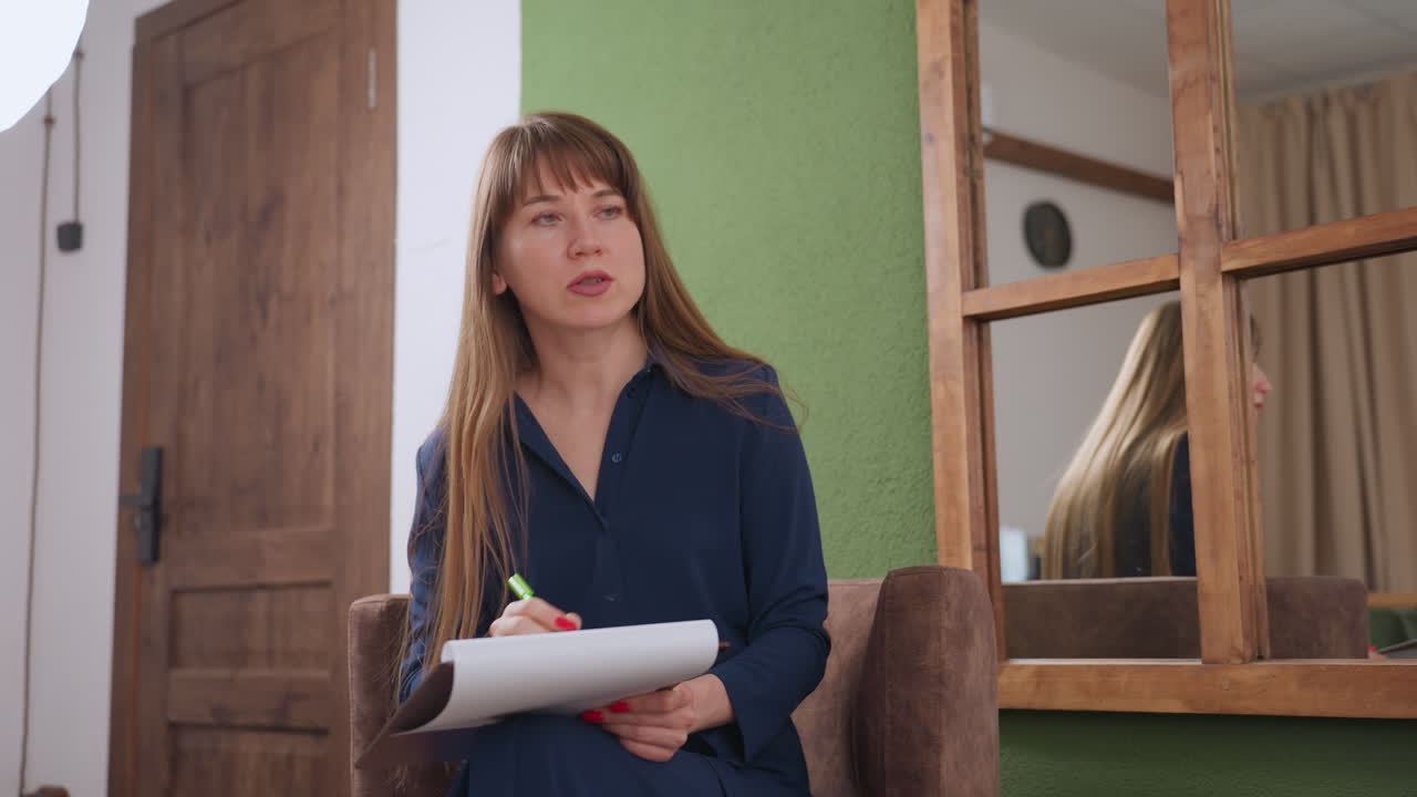 Female therapist dressed in navy outfit seated with notepad and pen, attentively writing while engaging in thoughtful conversation during counseling session, mirror reflection add calm atmosphere