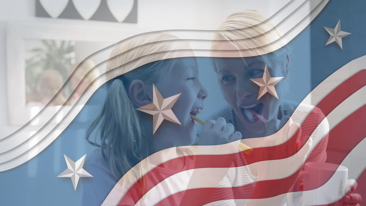 patrón de diseño de la bandera estadounidense contra la madre y la hija caucásicas cepillándose los dientes en casa