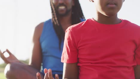 video de un hijo y un padre afroamericanos practicando yoga en la hierba en un día soleado