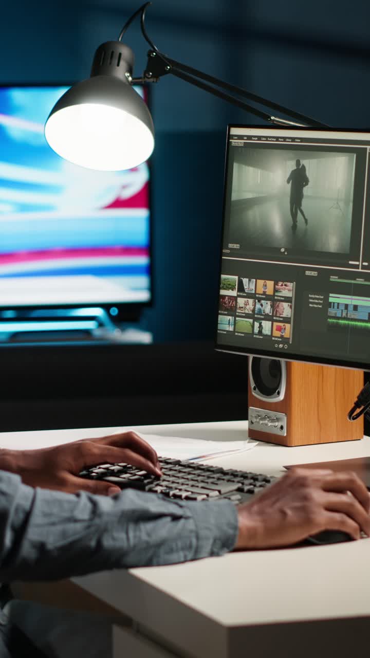 Video editor working on a project in a post-production studio