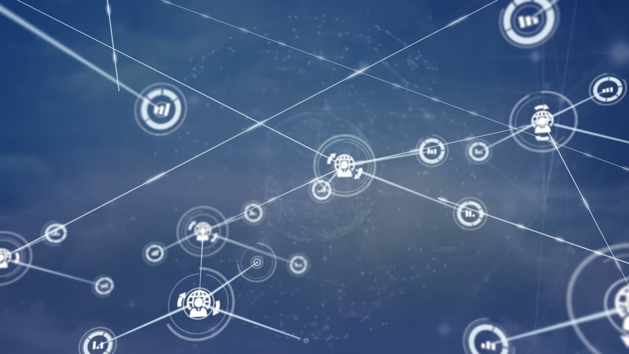 animación de la red de conexiones con los iconos de las personas sobre la placa de circuito sobre fondo azul