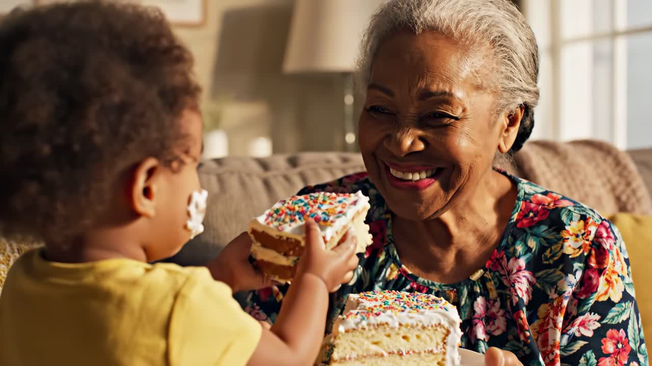 Nonna e nipote mangiano una torta