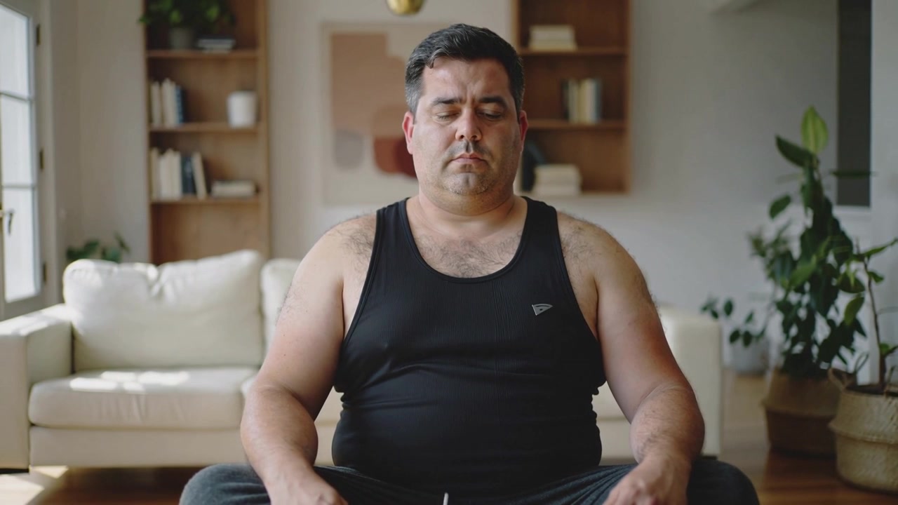 Cámara ampliando la vista mostrando a un hombre meditando, sentado con las piernas cruzadas en la sala de estar cerca del sofá, vistiendo una camiseta sin mangas negra.