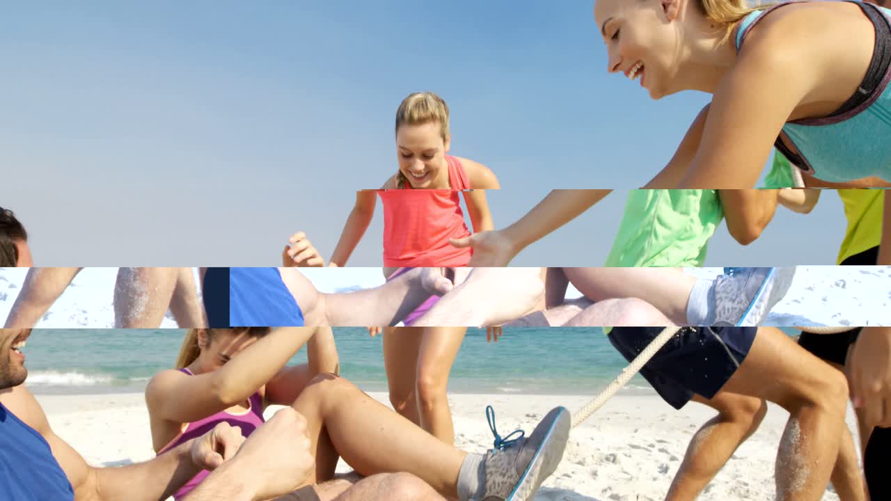 친구 들 이 해변 에서  ⁇ 매 전쟁 을 하고 있다