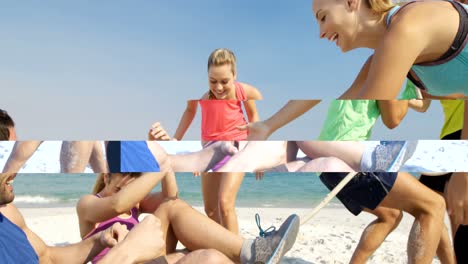 friends playing tug of war on the beach