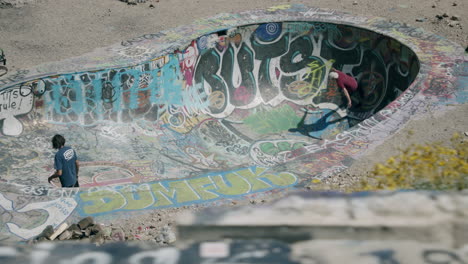 skateboarders in a graffiti-covered desert skate park