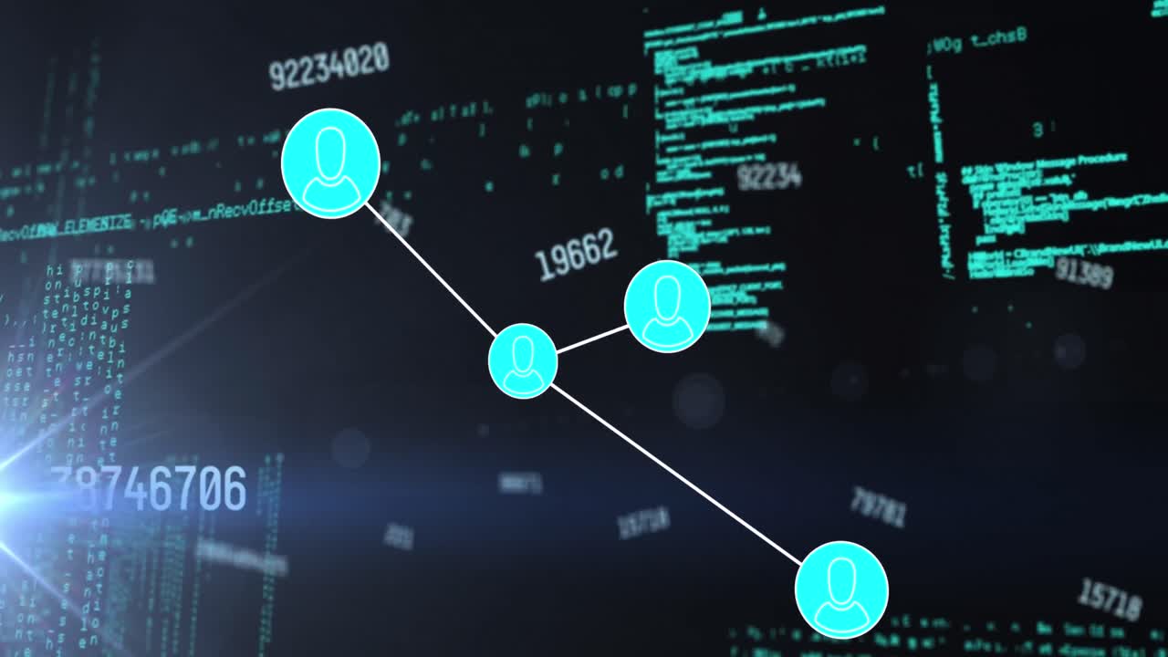 Animation of network of connections, numbers over data processing