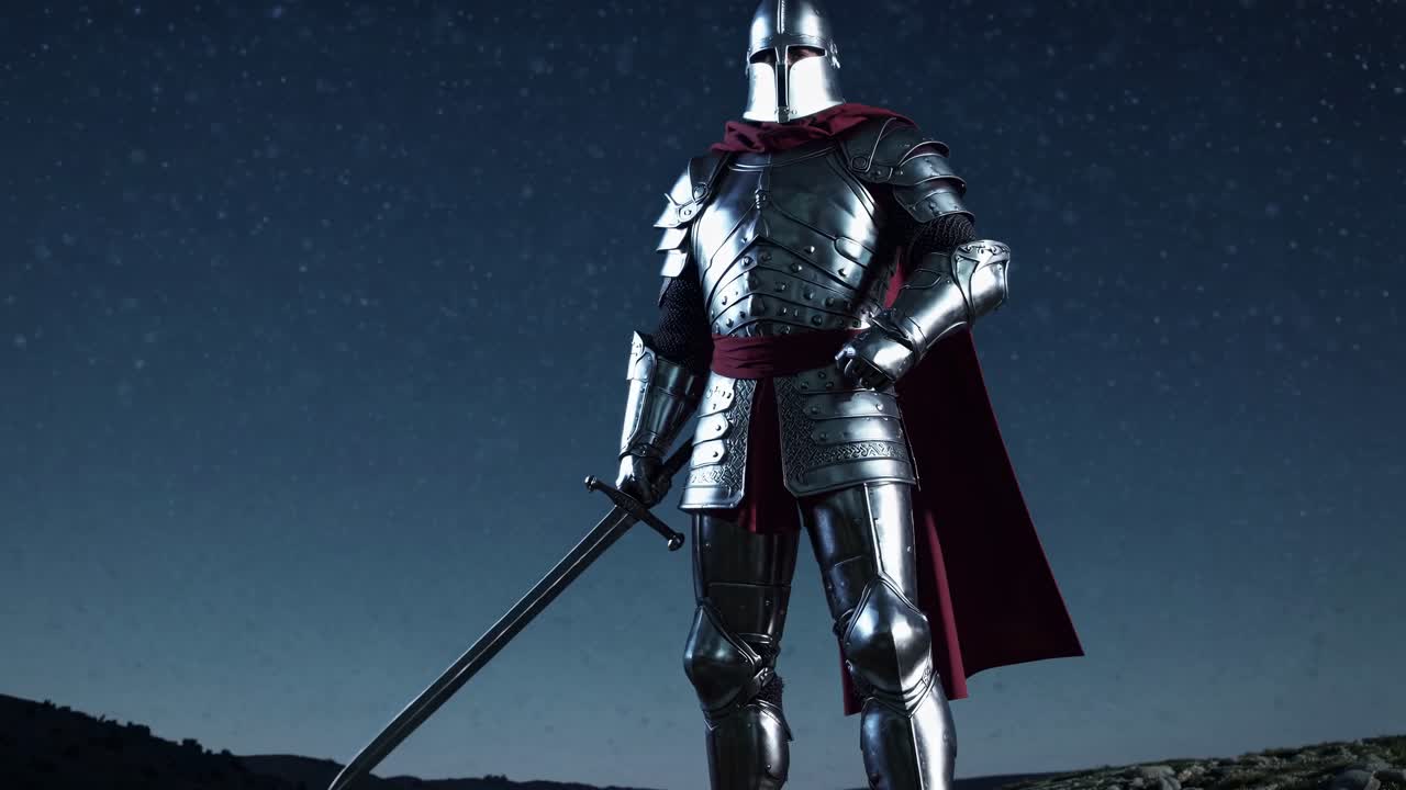 Escena de video épica de un caballero con armadura brillante y capa roja, vista desde un ángulo bajo