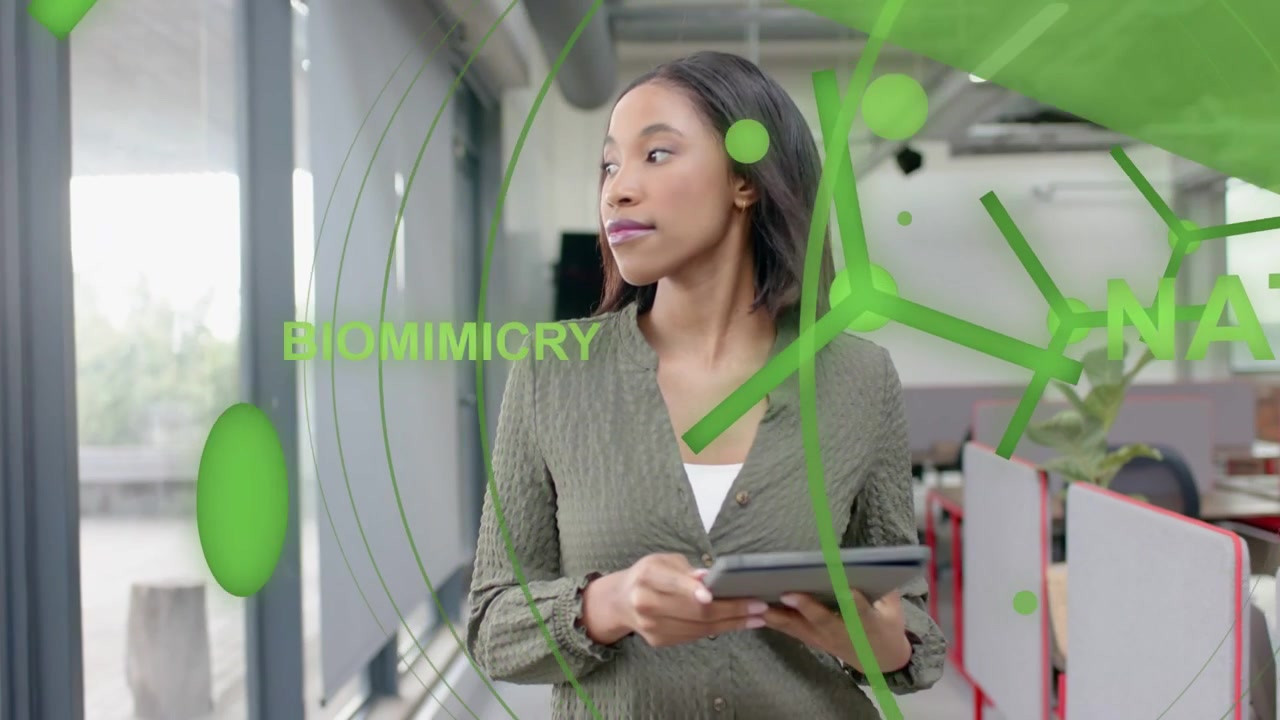 Woman walking office tapping tablet causing AR turbines for green tech obscuring then revealing her