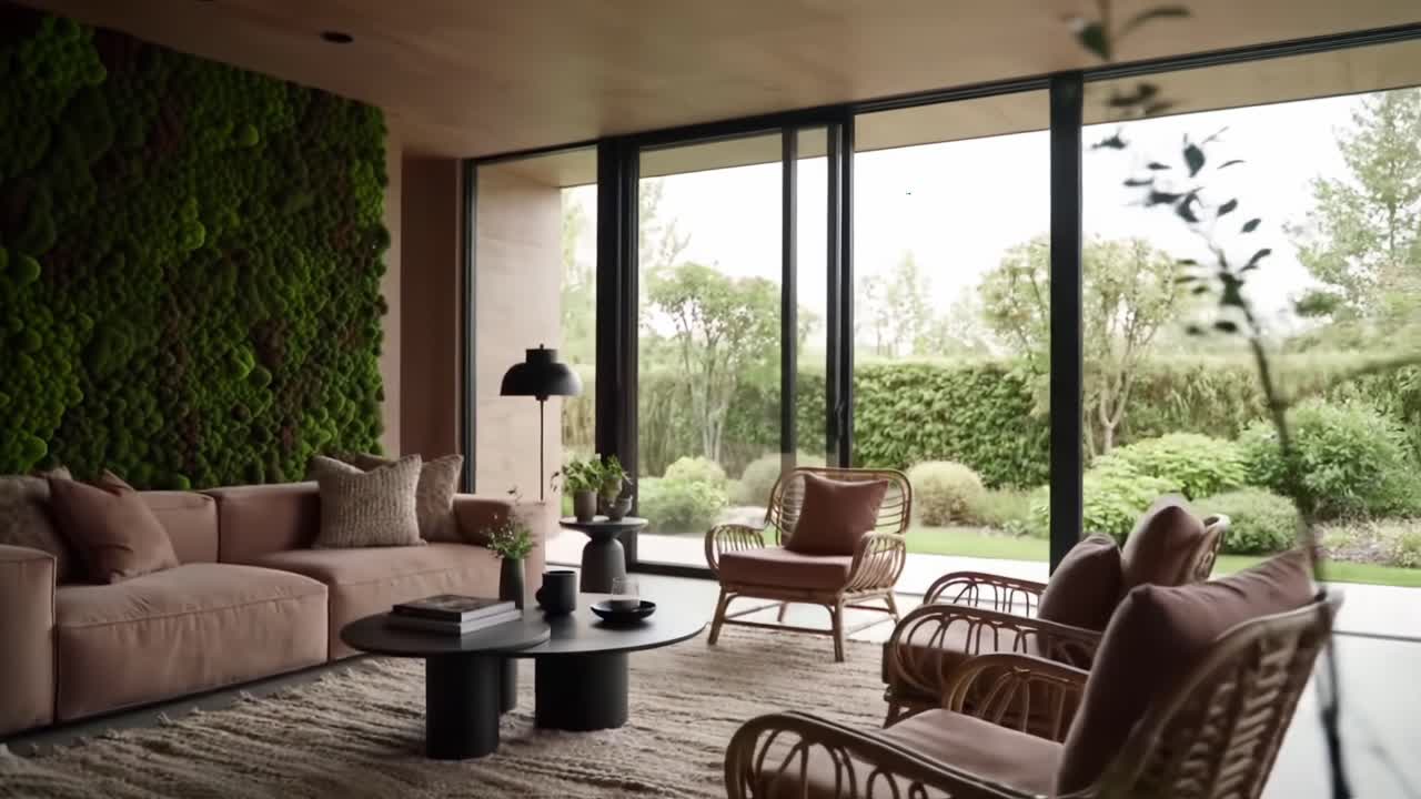 A Serene Indoor Oasis: Modern Living Room with Greenery, Chic Furniture, and Large Windows Framing a Lush Outdoor Landscape