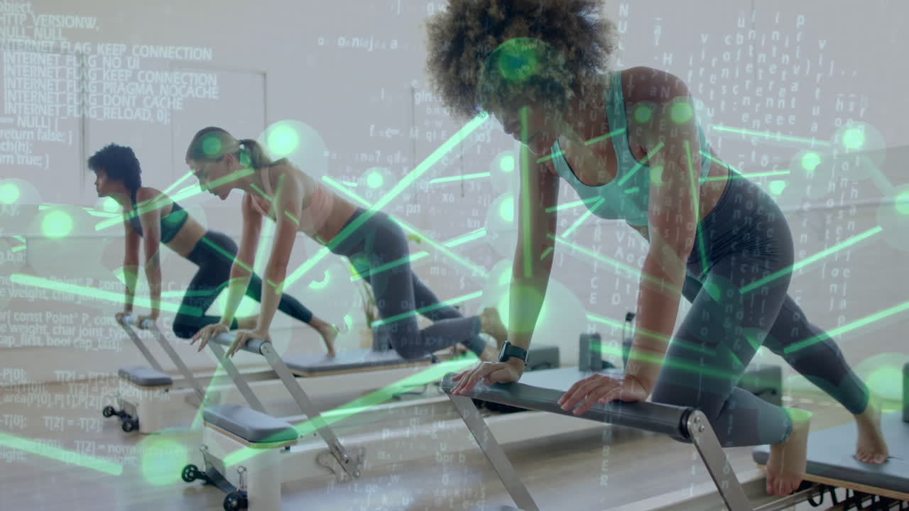 Exercising on reformer machines, women with digital animation network connections