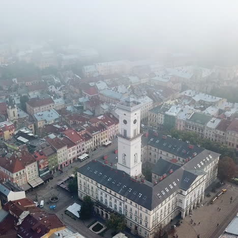 top view of the central part of lviv, ukraine. aerial roofs and streets of old city. european city.