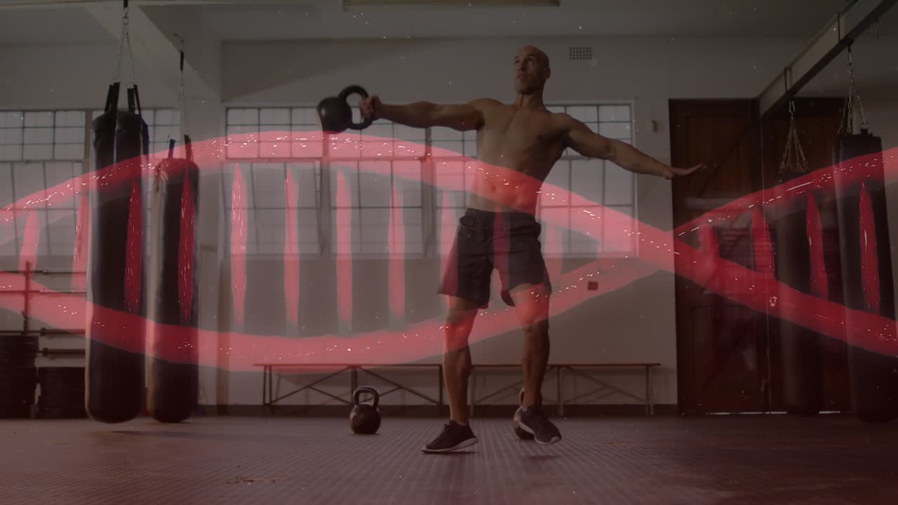 Man grasping kettlebell, hinging and swinging for fitness while red helix overlay tracking motion