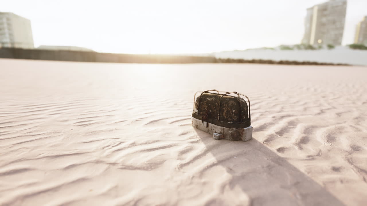 ⁇ 은 모래 해변 에 있는 산화 된 쓰레기