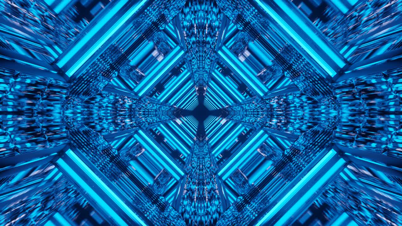 ciencia ficción de gráficos en movimiento: dentro de un hermoso diseño y patrones reflectantes y espejados en azul verde azulado y blanco que se expanden en un túnel corto