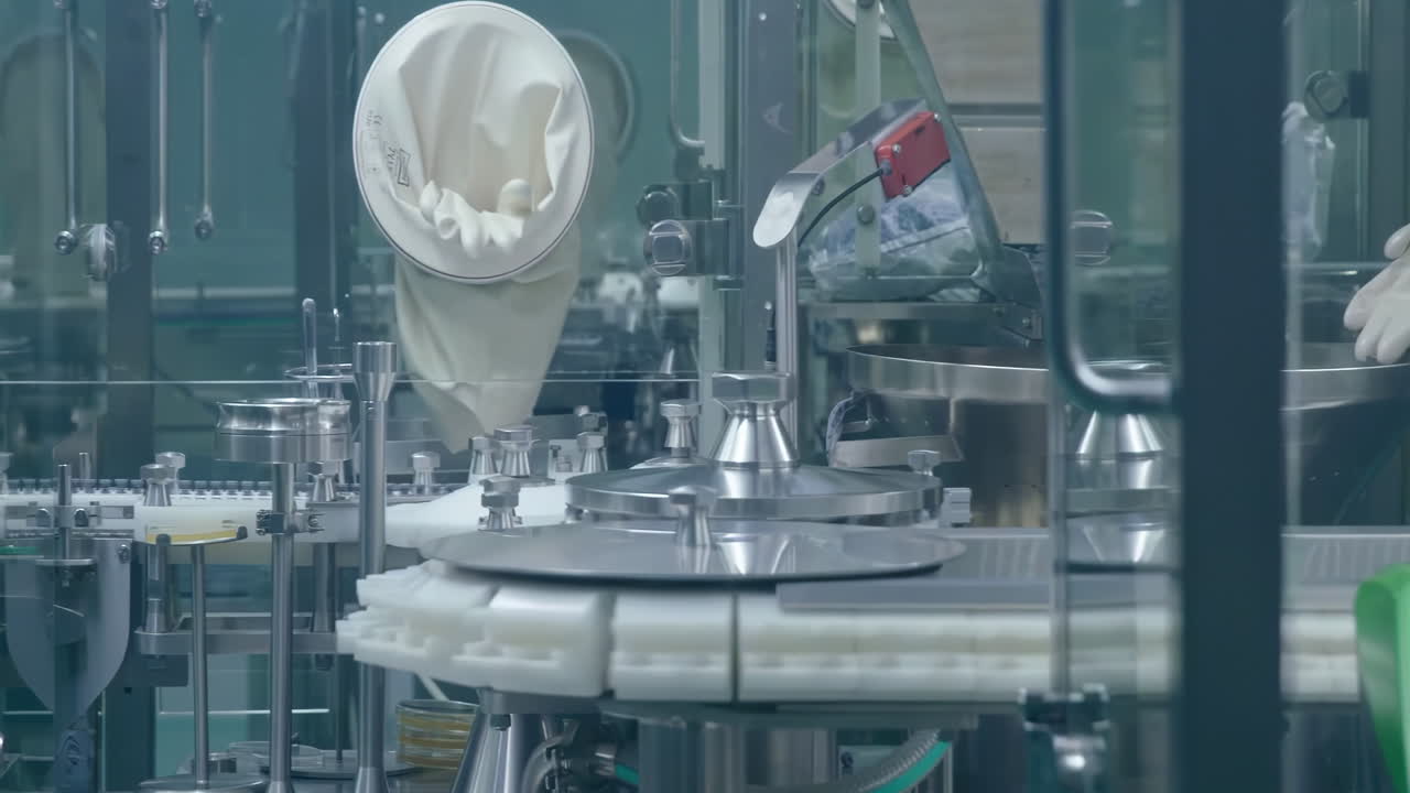 Pharmaceutical manufacturing processes line at pharma factory. Production of medical dietary supplements, Glass Bottles of Medicine or Vaccine on a Conveyor Belt Product Line