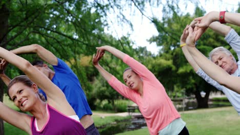 group of people exercising together in the park