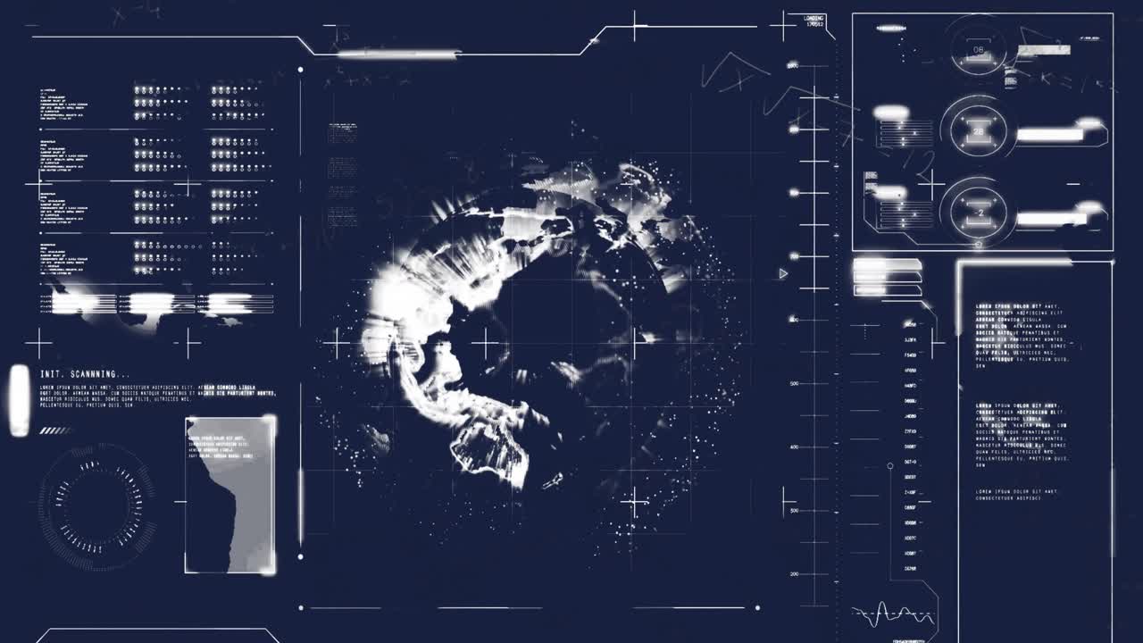 Animation of mathematical equations over interface with data processing against spinning globe