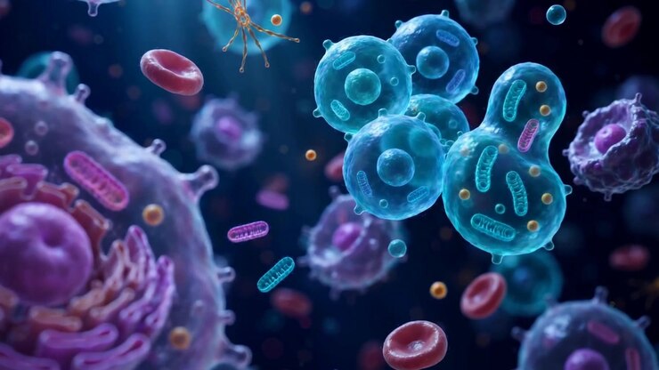 Cellule biologiche traslucide che fluttuano in un ambiente microscopico scuro