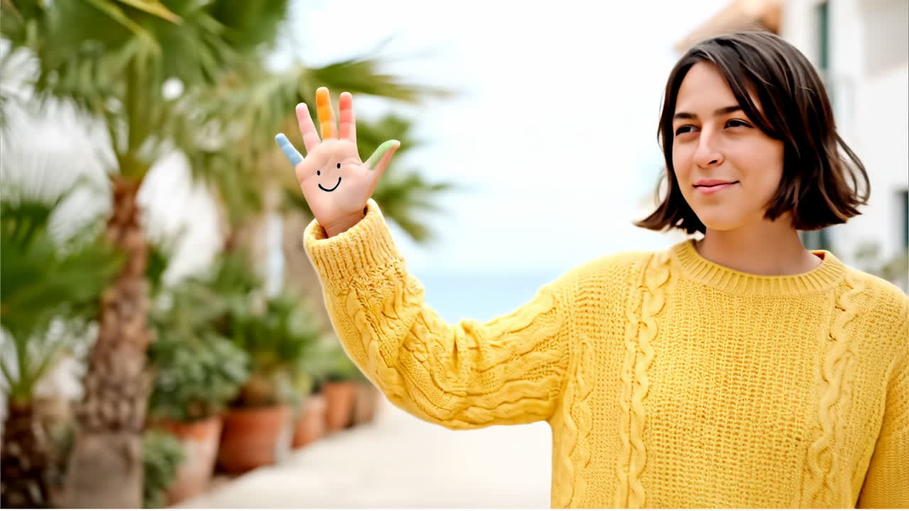 Sunny smiley hand. A cheerful hand painted with bright colors shows a smile against a sunny coastal background