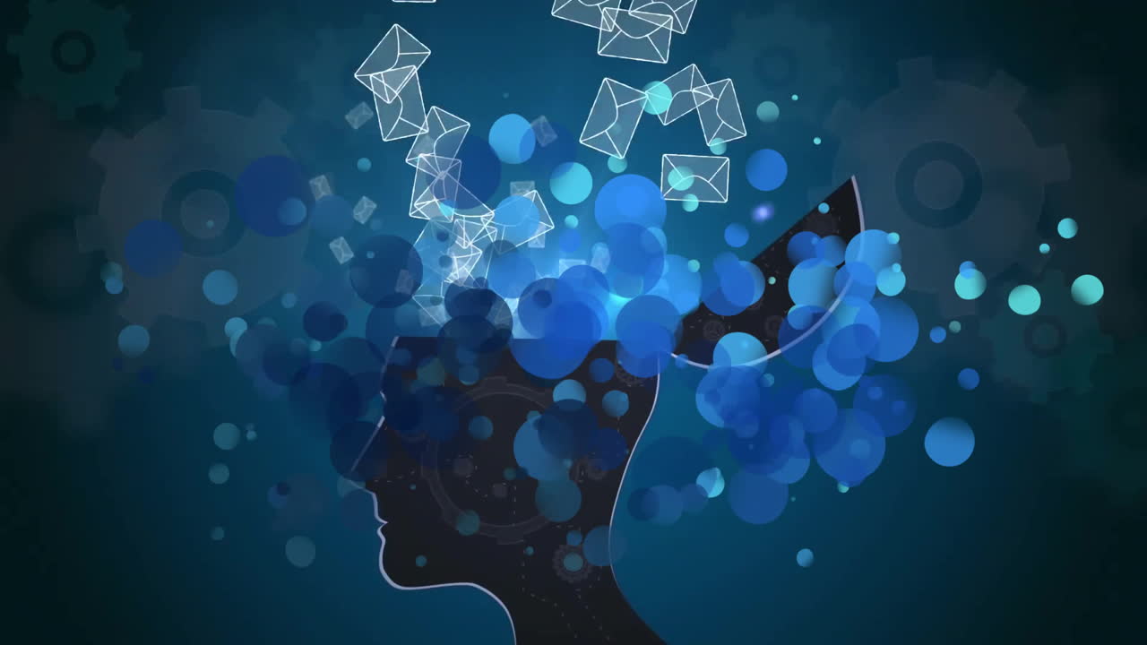 Black silhouette of human head emitting blue bokeh data and wireframe envelopes showing tech mind