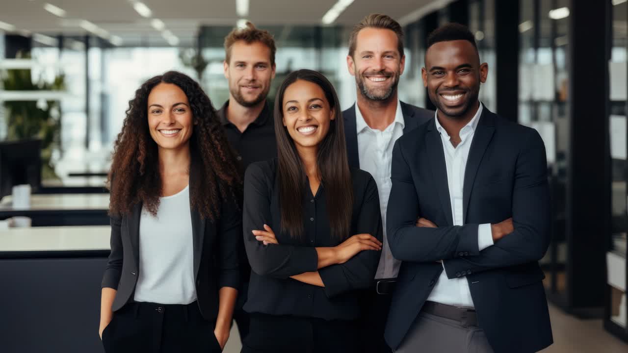 Professional team in an office setting, smiling confidently