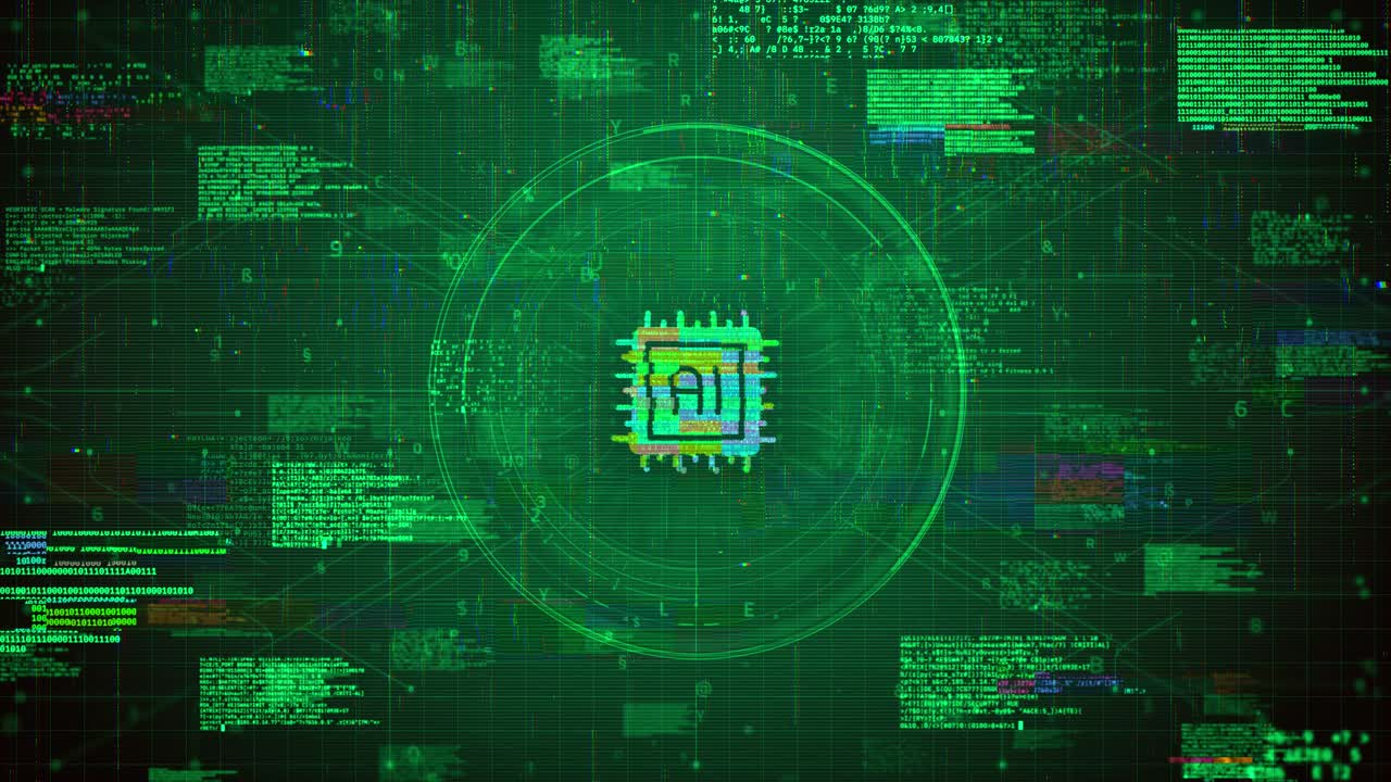 Futuristic AI Chip Icon Over Green Hacking Glitch Animation Background