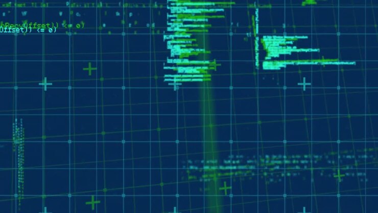 Animation of data processing over grid on blue background